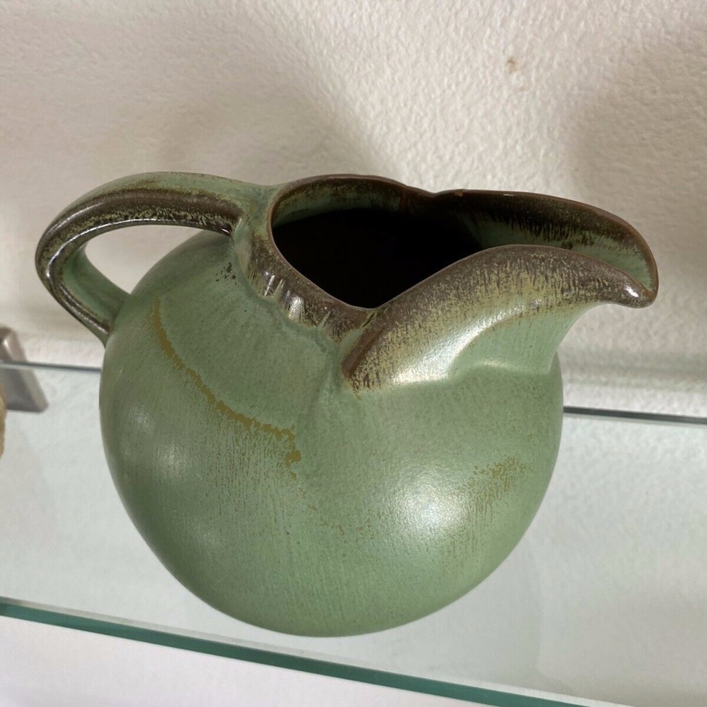 Vintage FRANKOMA #87 Prairie Green & Bronze Art Pottery Pitcher Jug